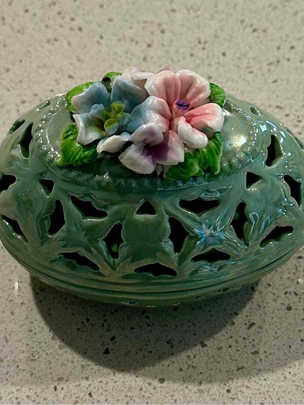 Green Floral Porcelain Trinket Box with Pink Accent